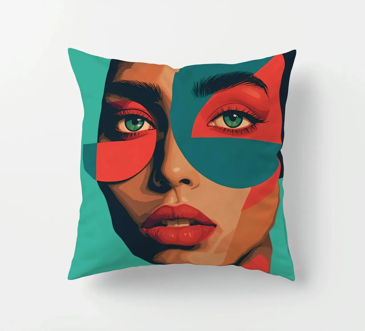 Ritratto di donna con forme geometriche e colori vivaci cuscino da DesignDoodle