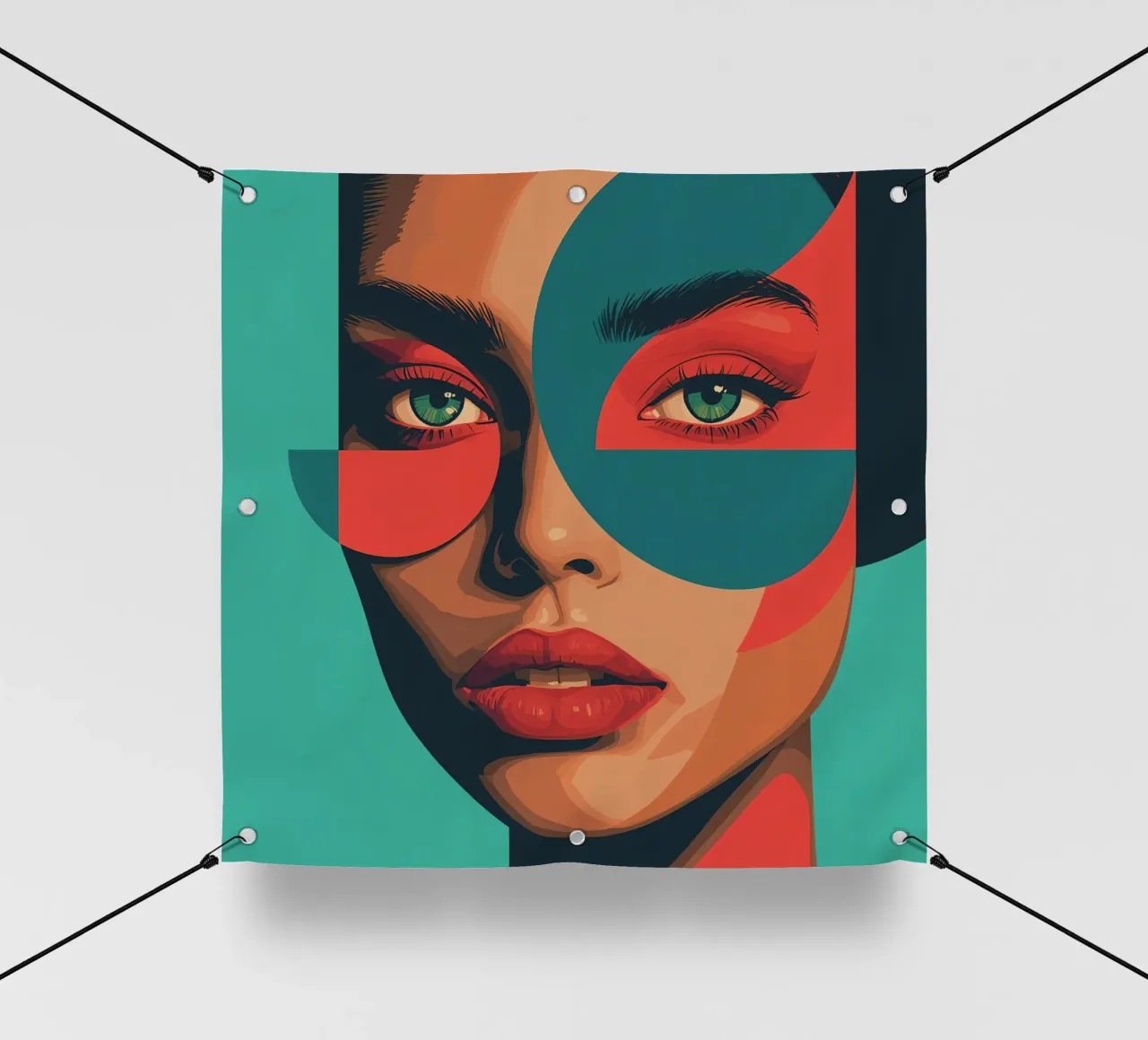 Ritratto di donna con forme geometriche e colori vivaci telo in pvc da DesignDoodle