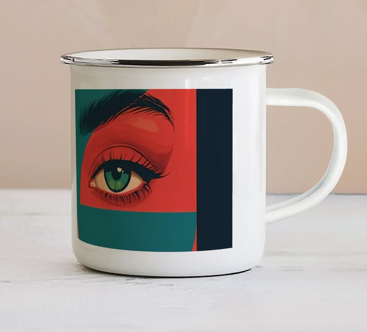 Ritratto di donna con forme geometriche e colori vivaci tazza in smalto da DesignDoodle
