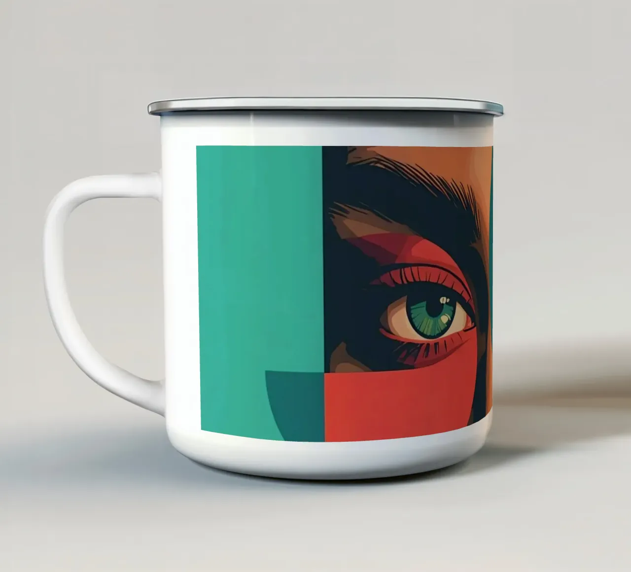 Ritratto di donna con forme geometriche e colori vivaci tazza in smalto da DesignDoodle