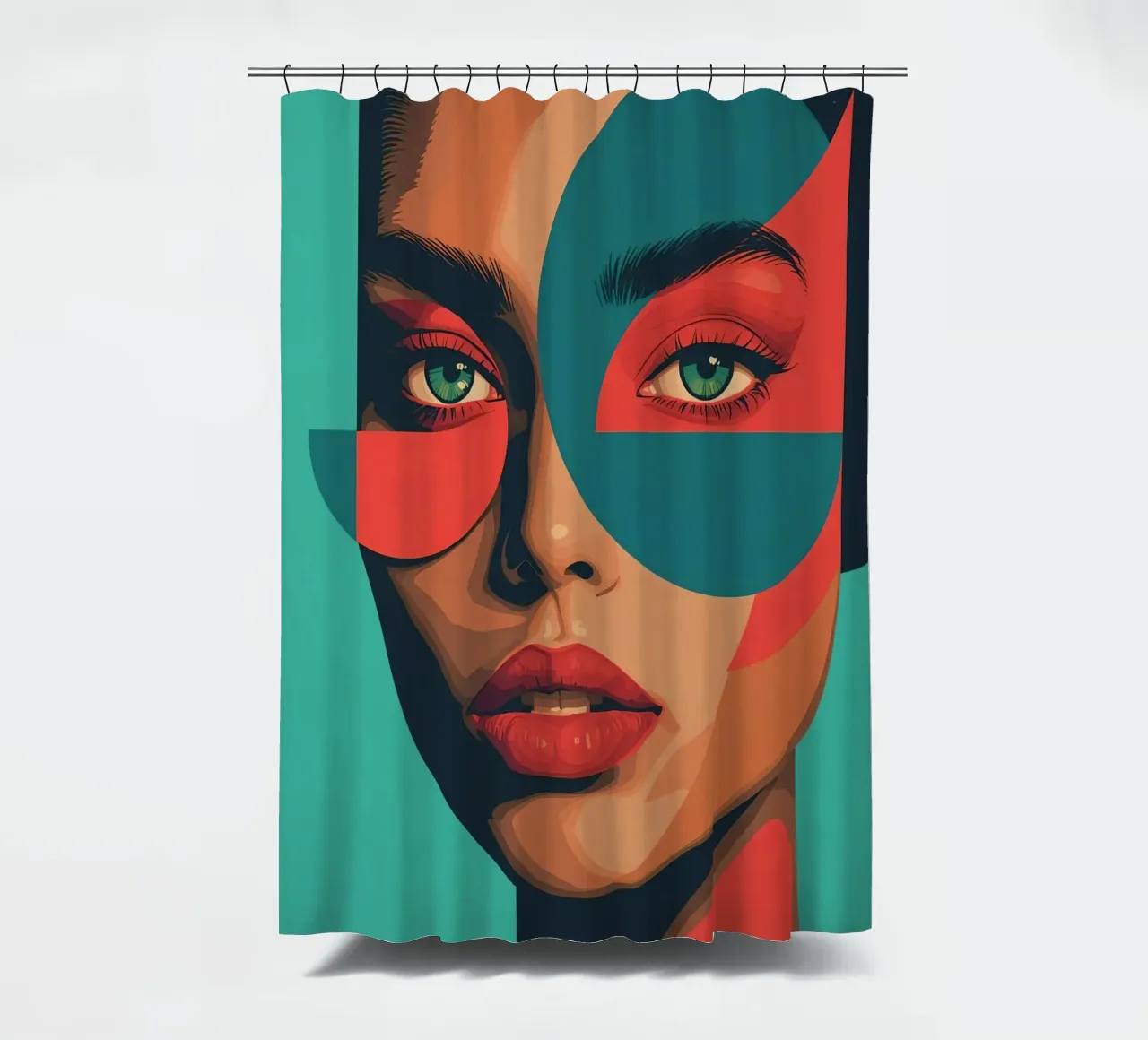 Ritratto di donna con forme geometriche e colori vivaci tenda da doccia da DesignDoodle