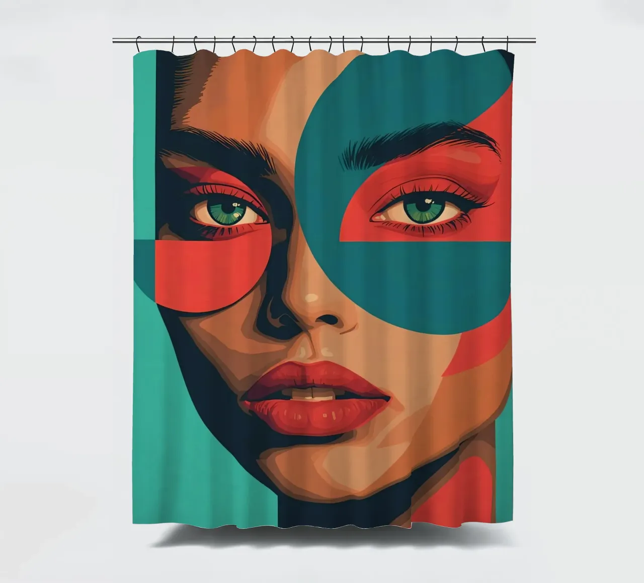 Ritratto di donna con forme geometriche e colori vivaci tenda da doccia da DesignDoodle