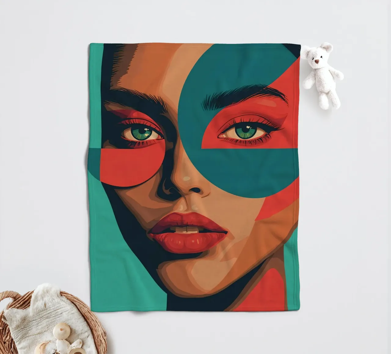 Ritratto di donna con forme geometriche e colori vivaci coperta in pile da DesignDoodle
