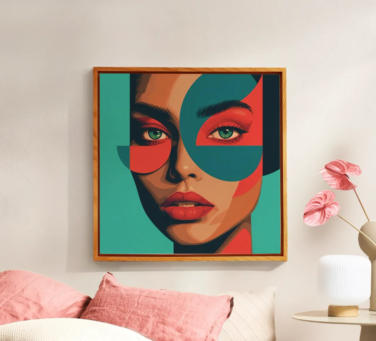 Ritratto di donna con forme geometriche e colori vivaci plexiglass da DesignDoodle