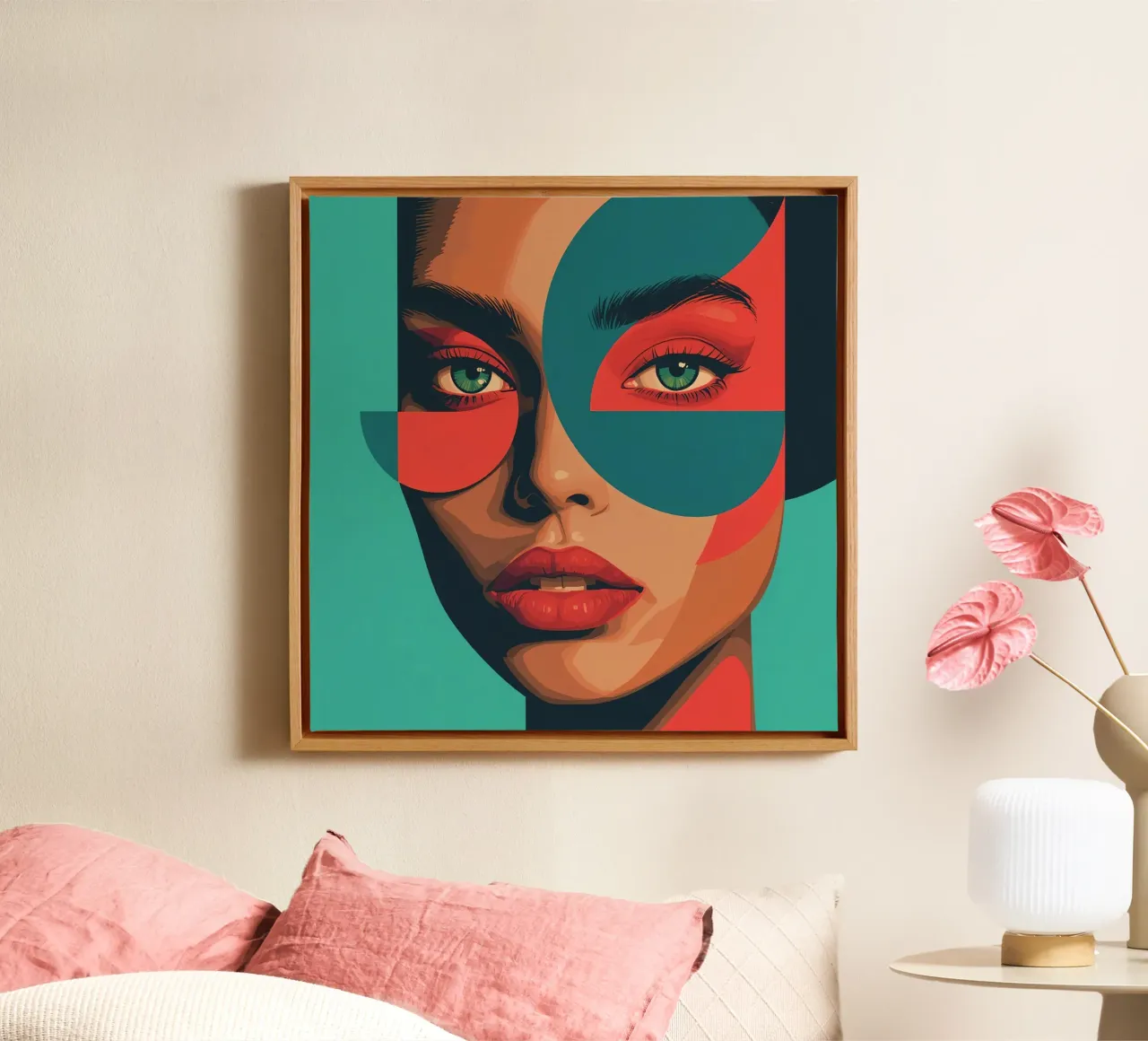 Ritratto di donna con forme geometriche e colori vivaci tela con Cornice a cassetta da DesignDoodle