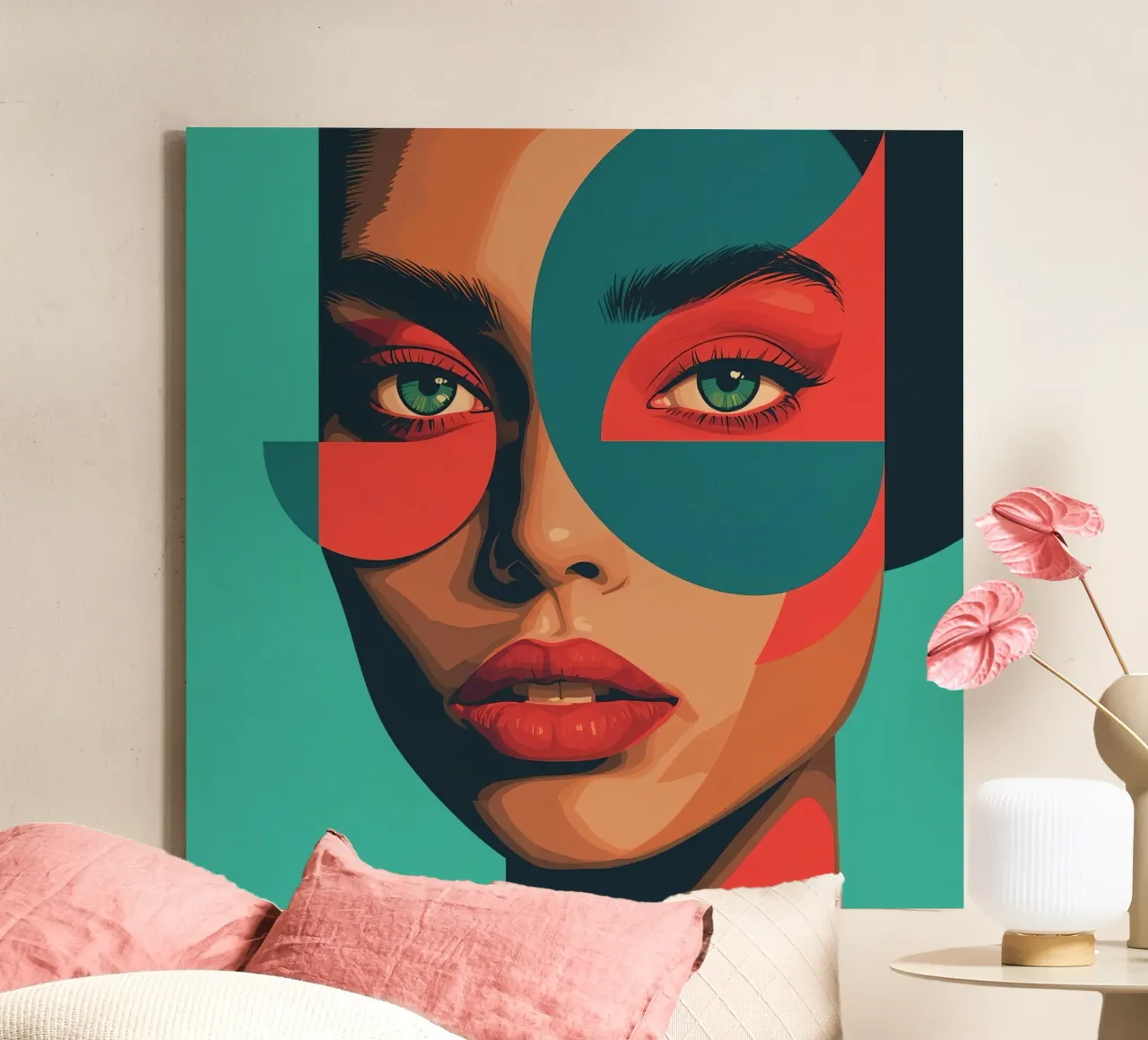 Ritratto di donna con forme geometriche e colori vivaci tela con Cornice a cassetta da DesignDoodle