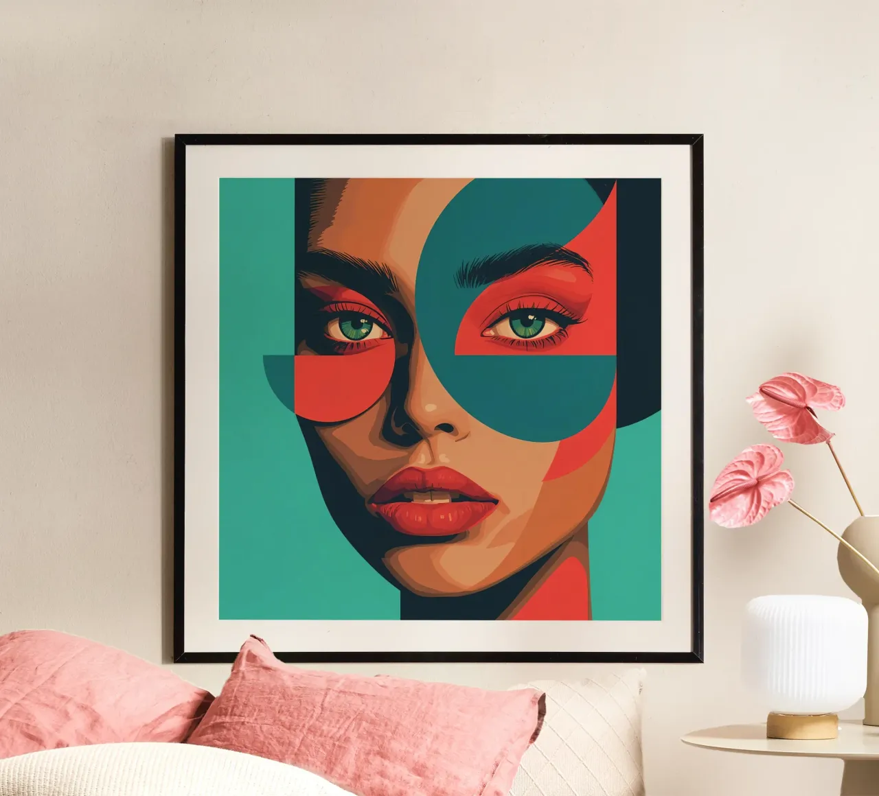 Ritratto di donna con forme geometriche e colori vivaci poster con telaio in legno da DesignDoodle