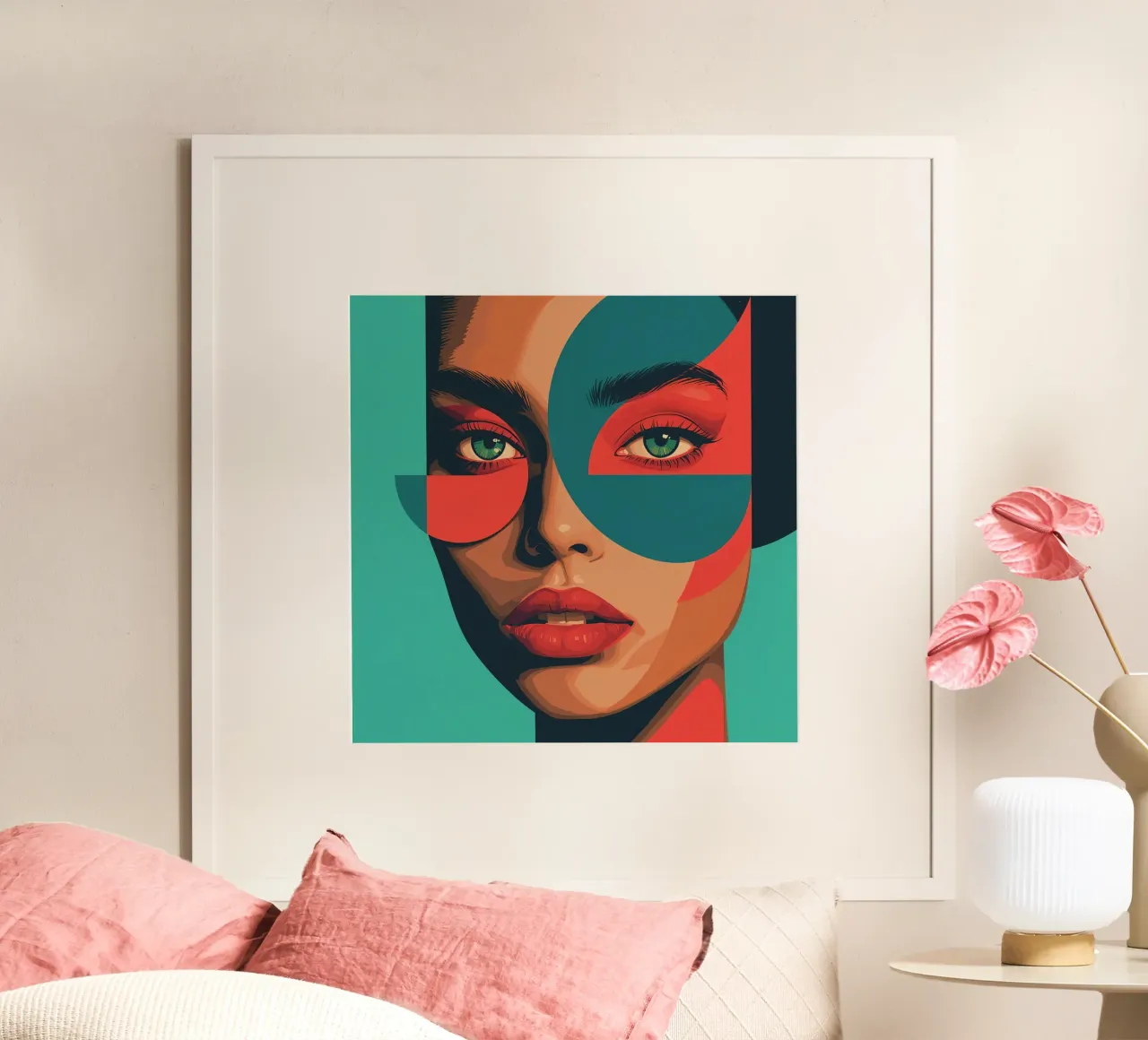 Ritratto di donna con forme geometriche e colori vivaci poster con telaio in legno da DesignDoodle