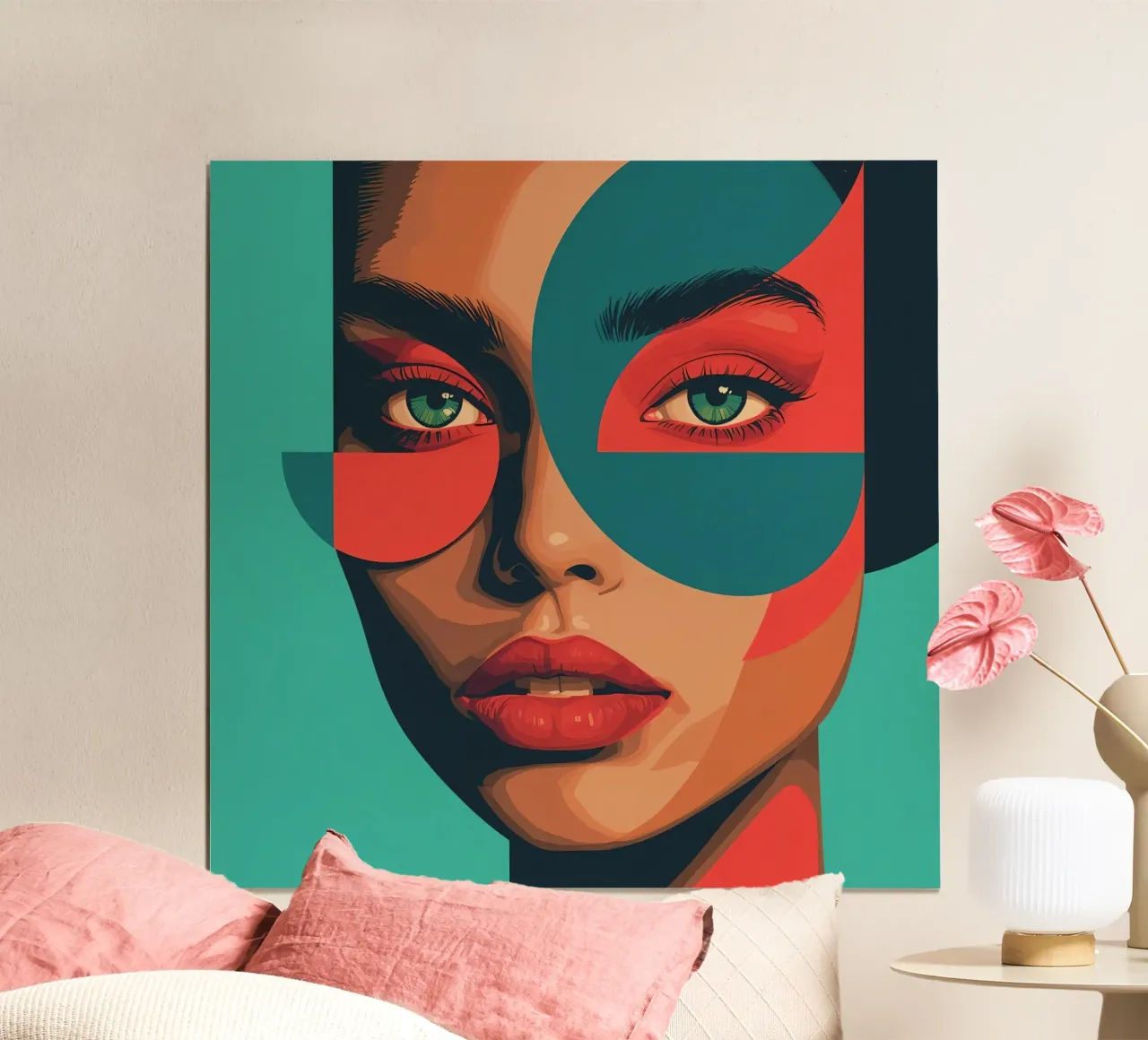 Ritratto di donna con forme geometriche e colori vivaci poster con telaio in legno da DesignDoodle