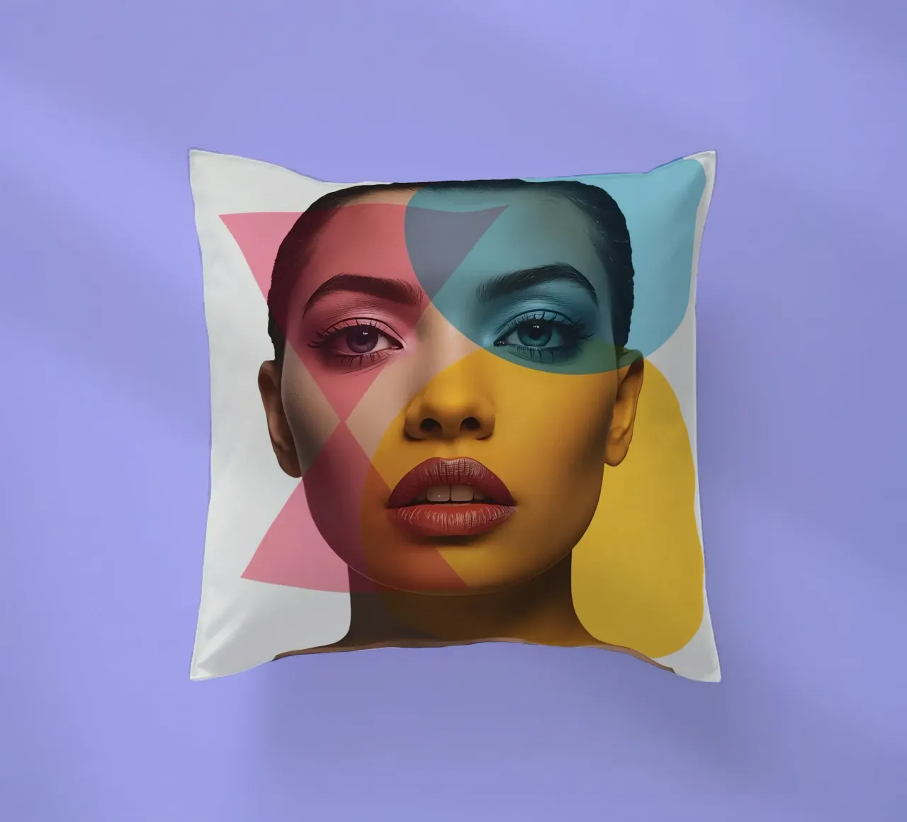 Ritratto di donna con forme geometriche e colori vivaci cuscino da DesignDoodle