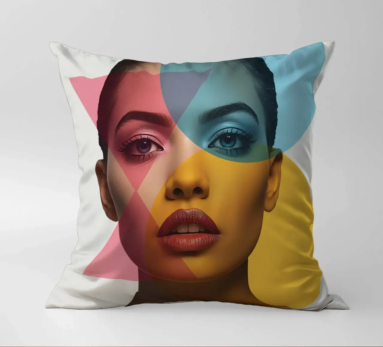 Ritratto di donna con forme geometriche e colori vivaci cuscino da DesignDoodle