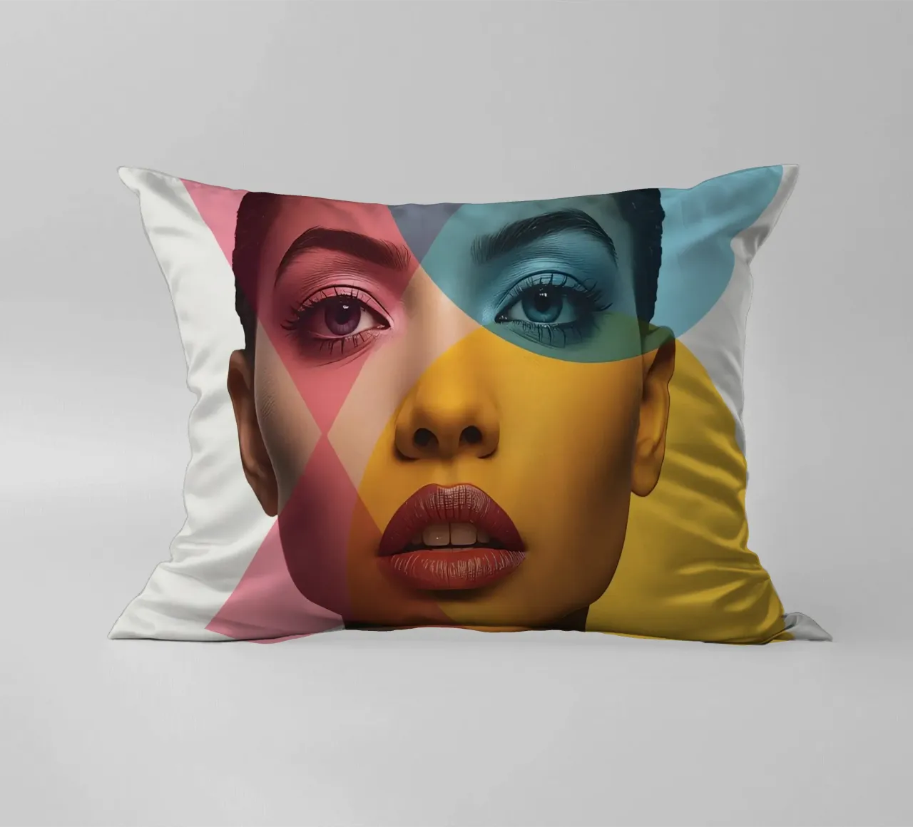 Ritratto di donna con forme geometriche e colori vivaci cuscino da DesignDoodle