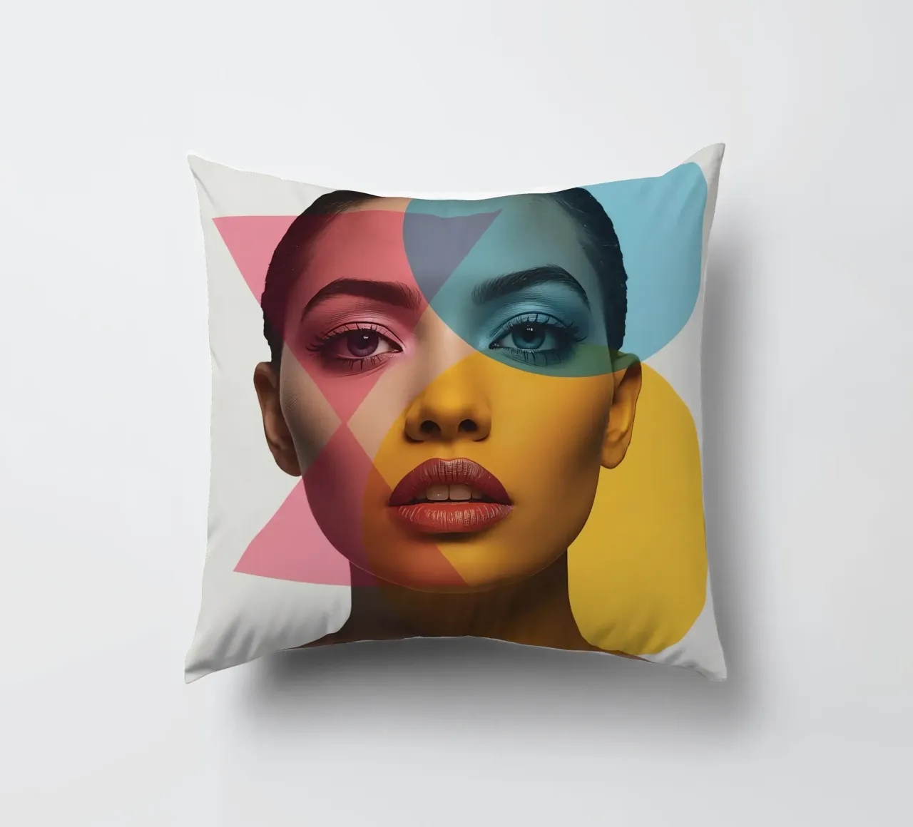Ritratto di donna con forme geometriche e colori vivaci cuscino da DesignDoodle