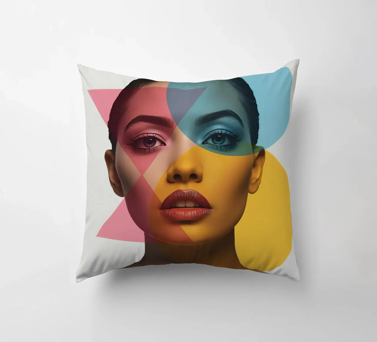 Ritratto di donna con forme geometriche e colori vivaci cuscino da DesignDoodle