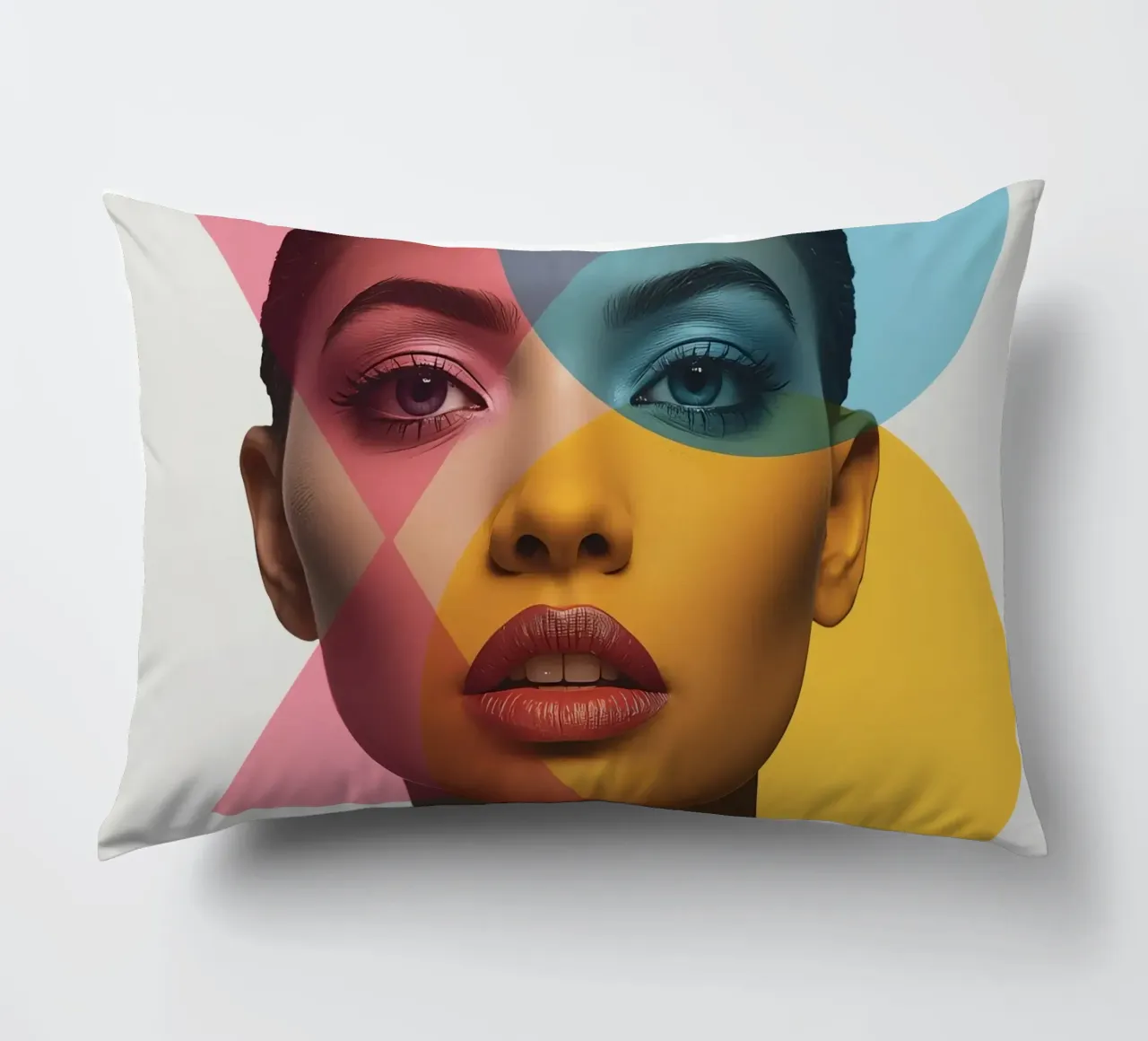 Ritratto di donna con forme geometriche e colori vivaci cuscino da DesignDoodle