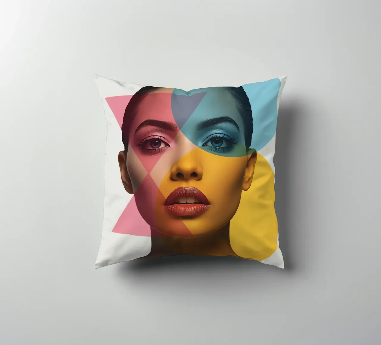 Ritratto di donna con forme geometriche e colori vivaci cuscino da DesignDoodle
