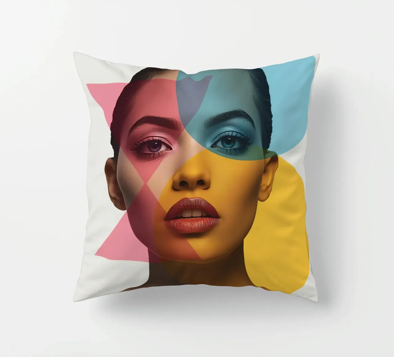 Ritratto di donna con forme geometriche e colori vivaci cuscino da DesignDoodle