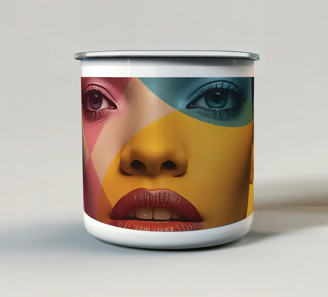 Ritratto di donna con forme geometriche e colori vivaci tazza in smalto da DesignDoodle