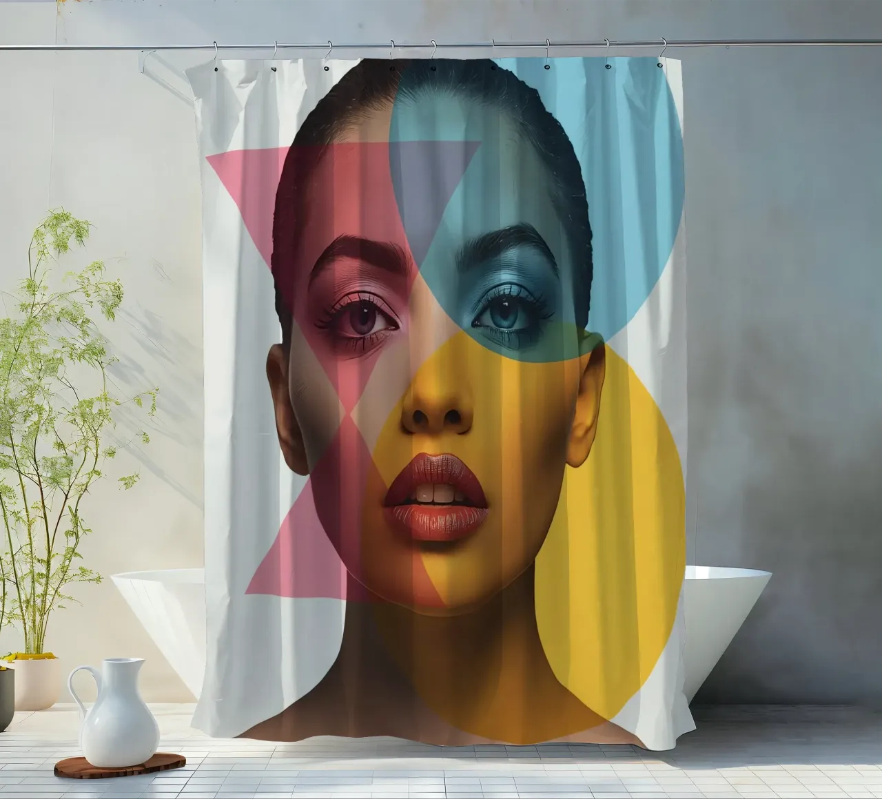 Ritratto di donna con forme geometriche e colori vivaci tenda da doccia da DesignDoodle