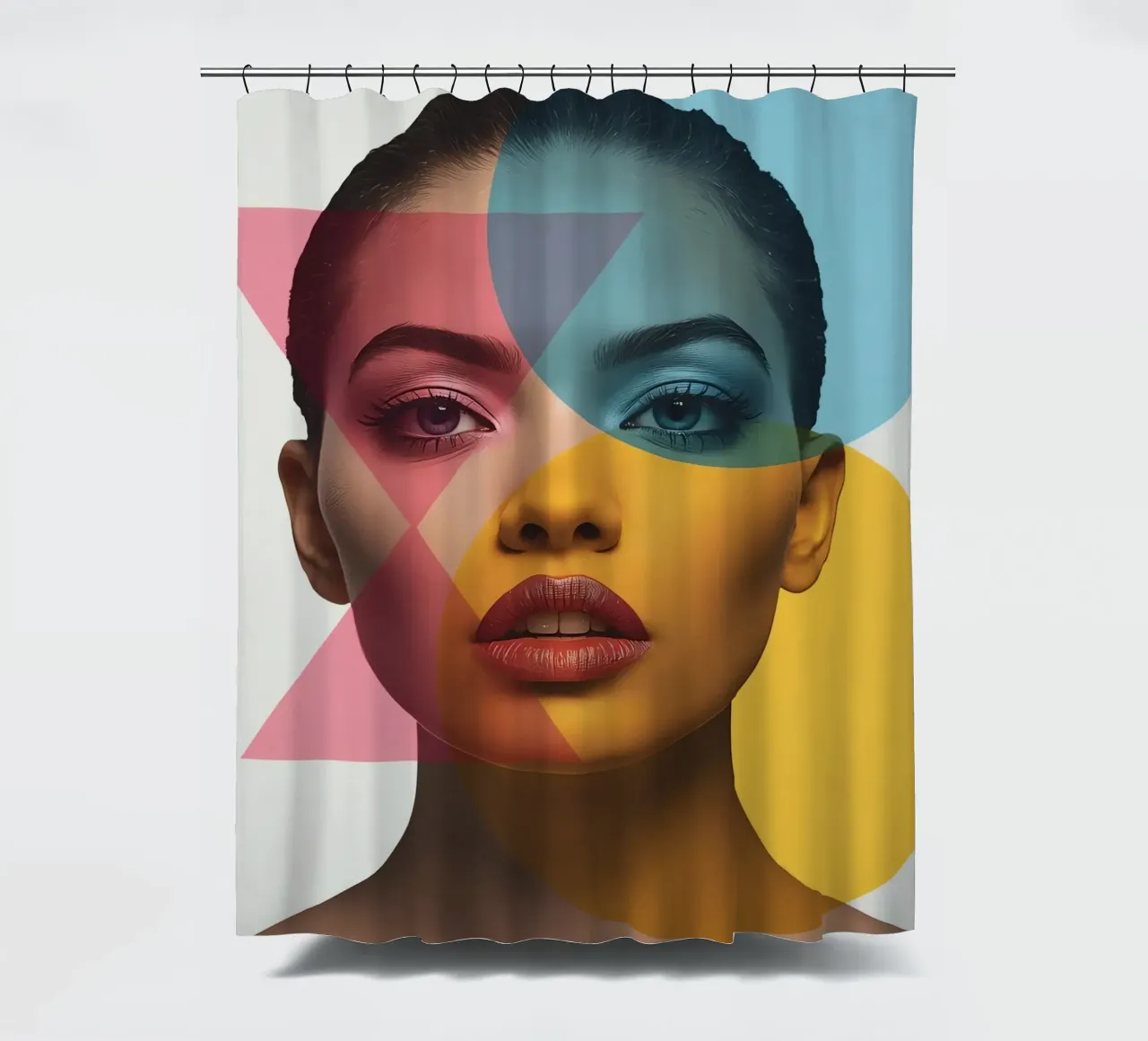 Ritratto di donna con forme geometriche e colori vivaci tenda da doccia da DesignDoodle