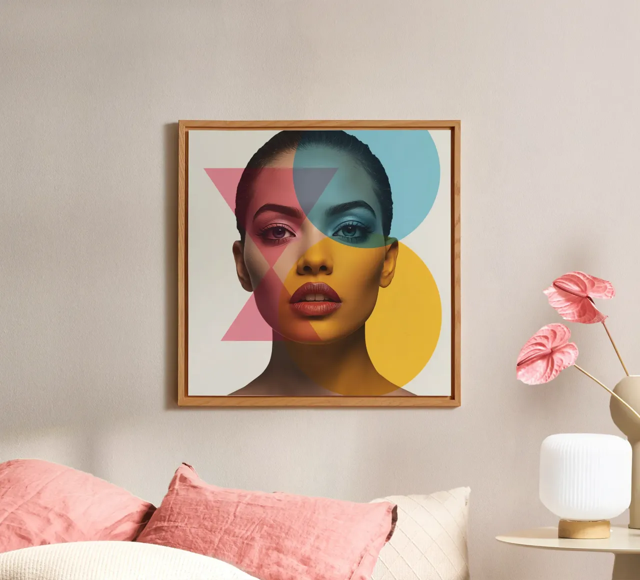Ritratto di donna con forme geometriche e colori vivaci alluminio dibond da DesignDoodle