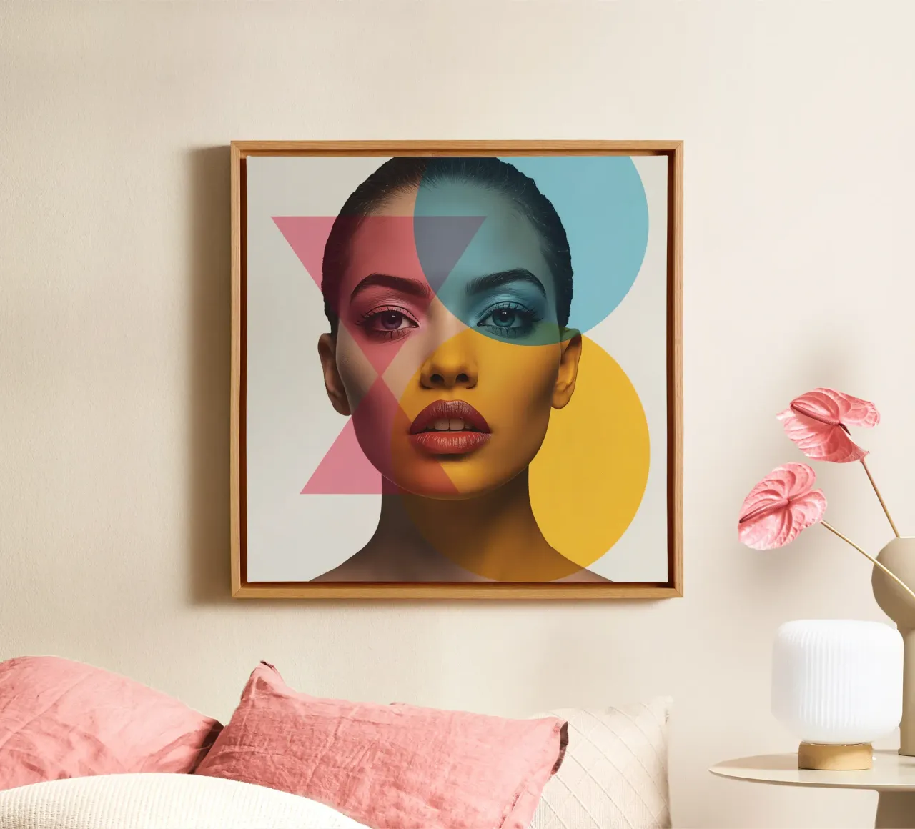 Ritratto di donna con forme geometriche e colori vivaci tela con Cornice a cassetta da DesignDoodle