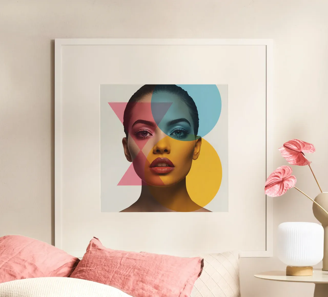 Ritratto di donna con forme geometriche e colori vivaci poster con telaio in legno da DesignDoodle