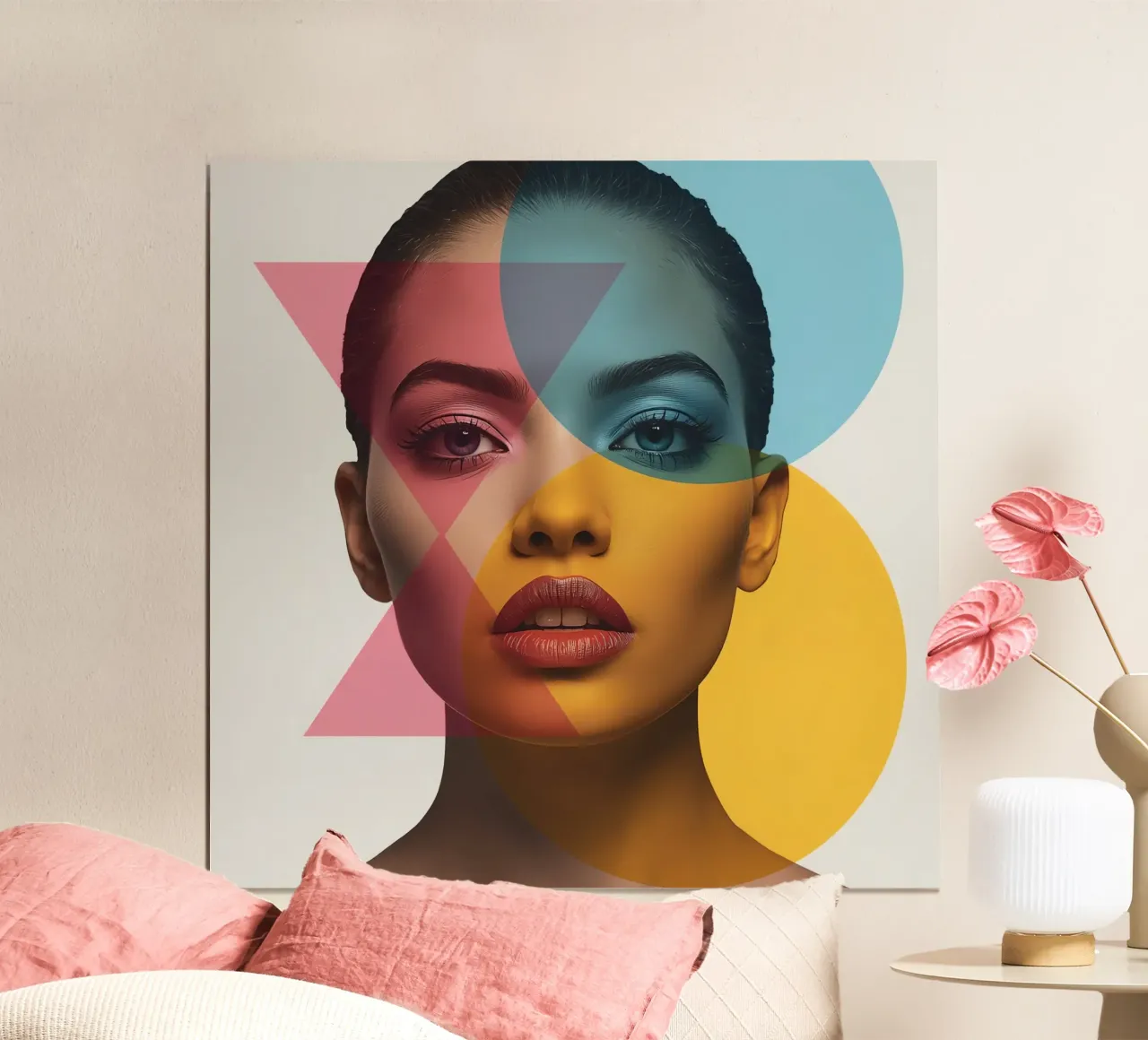 Ritratto di donna con forme geometriche e colori vivaci poster con telaio in legno da DesignDoodle