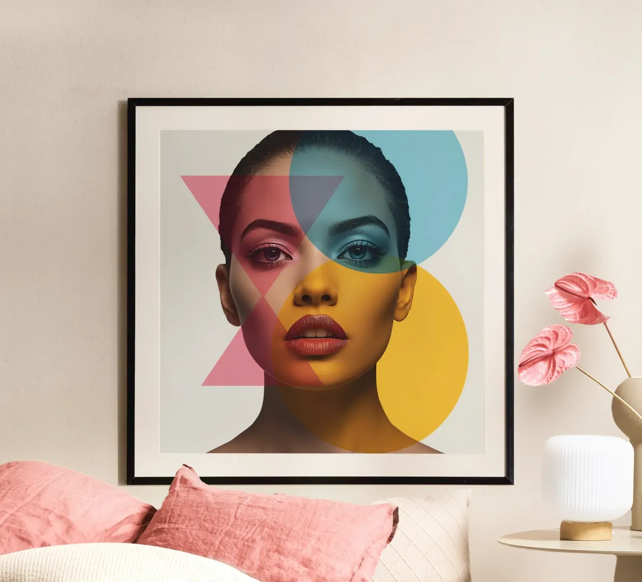 Ritratto di donna con forme geometriche e colori vivaci poster con telaio in legno da DesignDoodle