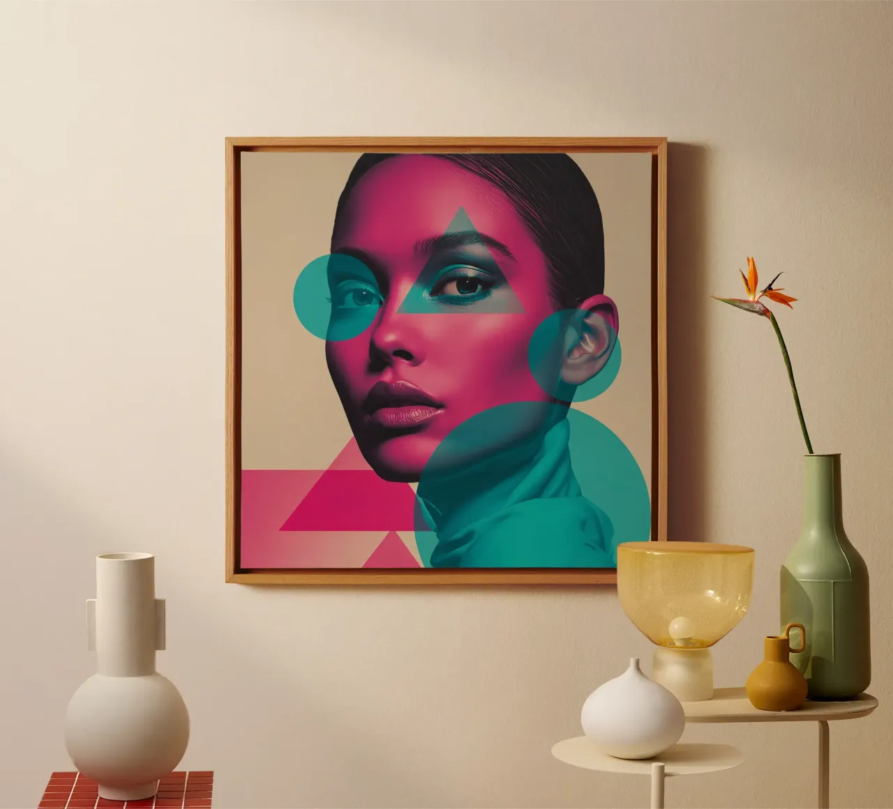 Woman's Portrait with Pink Skin and Overlaid Geometric Shape canvas with Floater frame by DesignDoodle