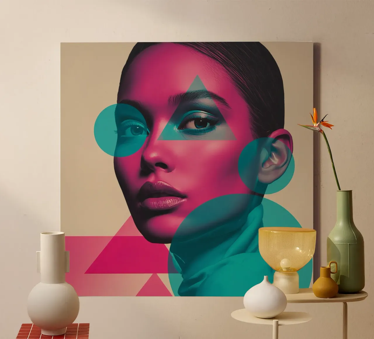 Woman's Portrait with Pink Skin and Overlaid Geometric Shape canvas with Floater frame by DesignDoodle
