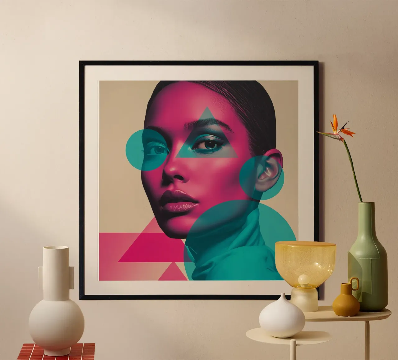 Woman's Portrait with Pink Skin and Overlaid Geometric Shape poster with aluminum frame by DesignDoodle