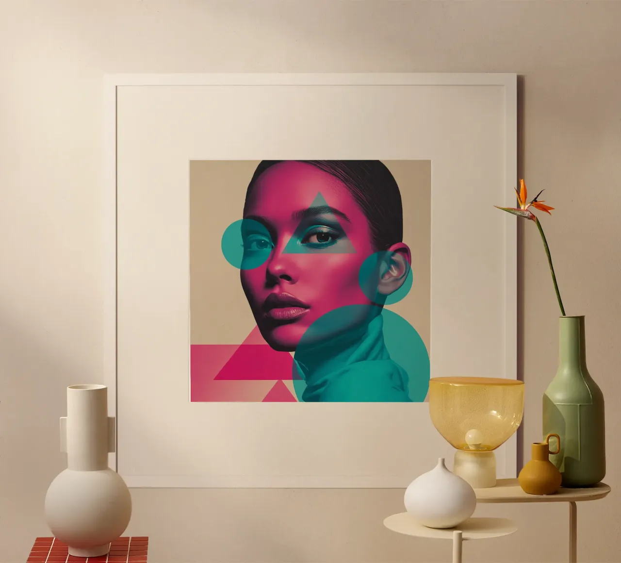 Woman's Portrait with Pink Skin and Overlaid Geometric Shape poster with aluminum frame by DesignDoodle