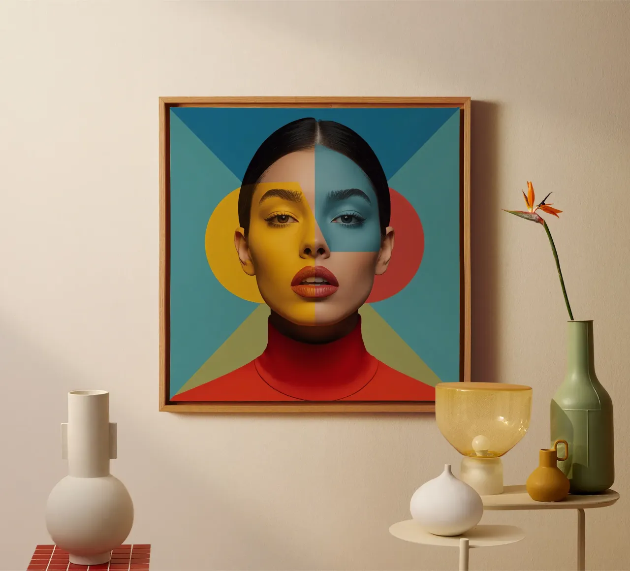 Woman's Portrait with Split Colored Face and Geometric art canvas with Floater frame by DesignDoodle