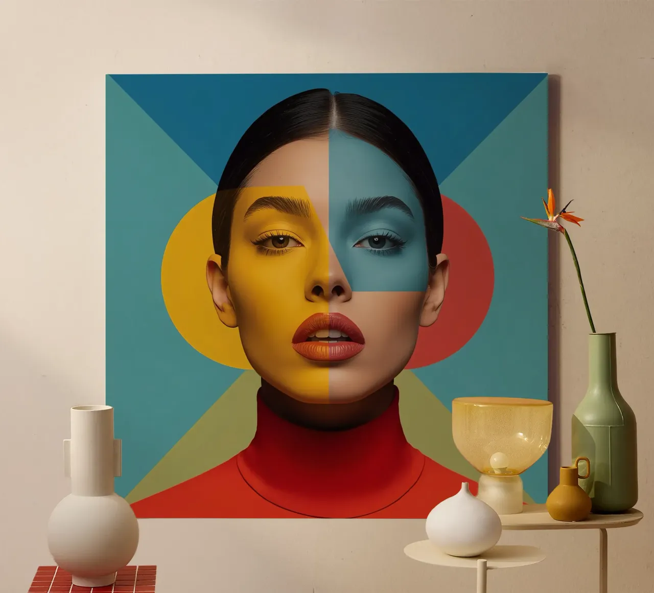 Woman's Portrait with Split Colored Face and Geometric art canvas with Floater frame by DesignDoodle