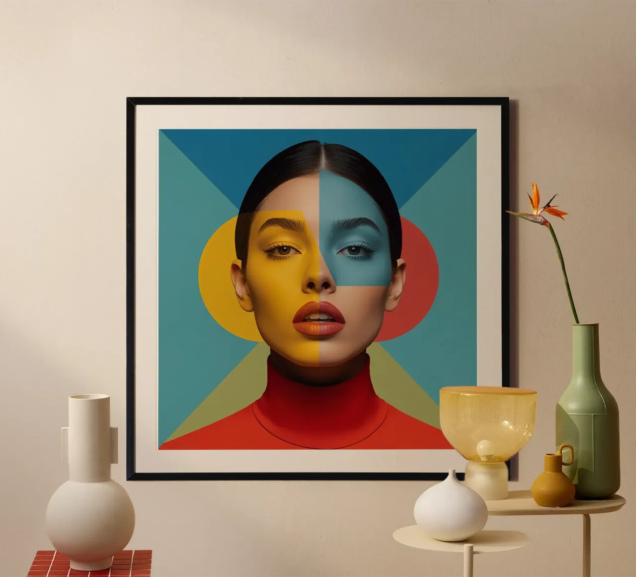 Woman's Portrait with Split Colored Face and Geometric art poster by DesignDoodle