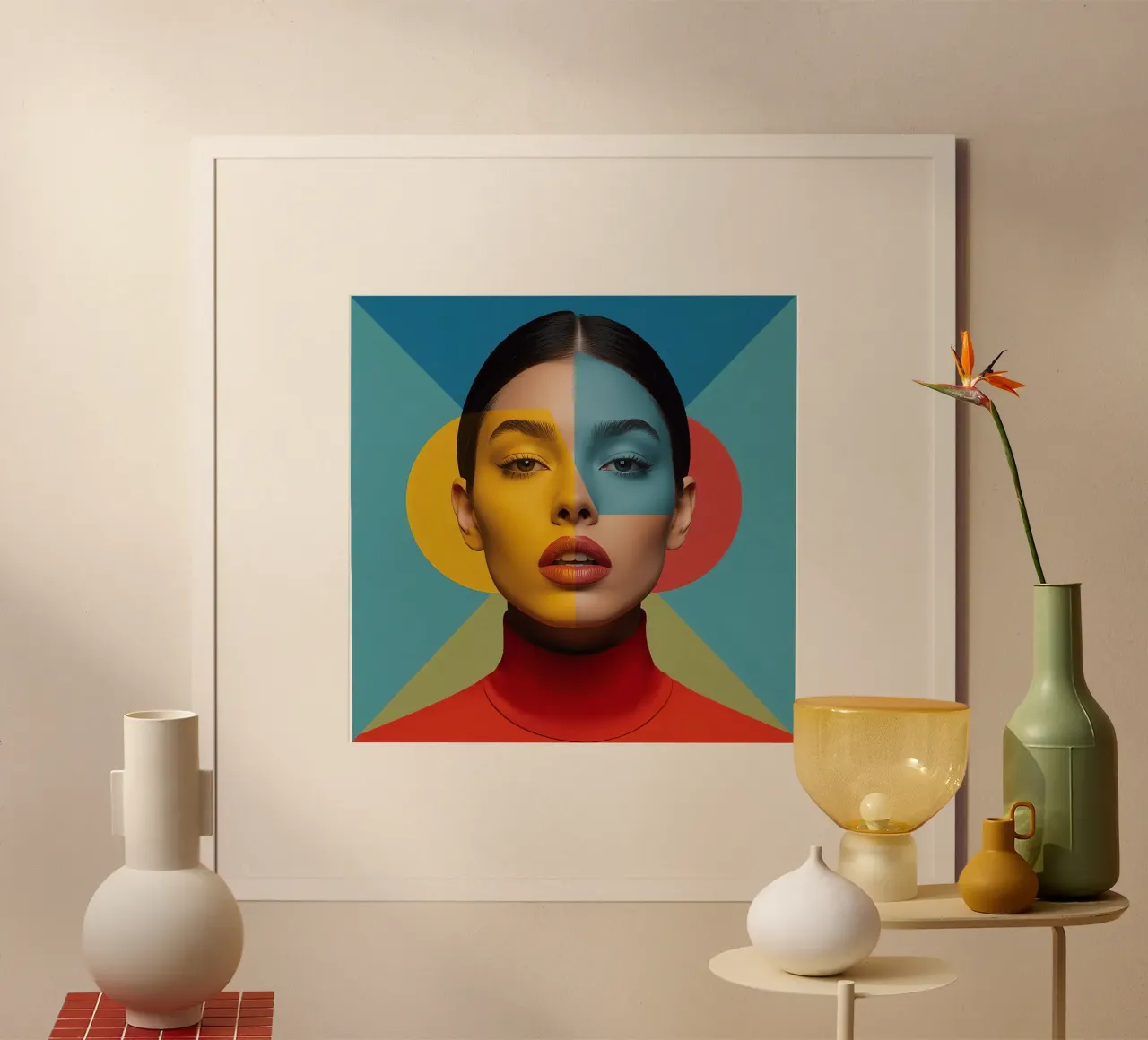 Woman's Portrait with Split Colored Face and Geometric art poster by DesignDoodle