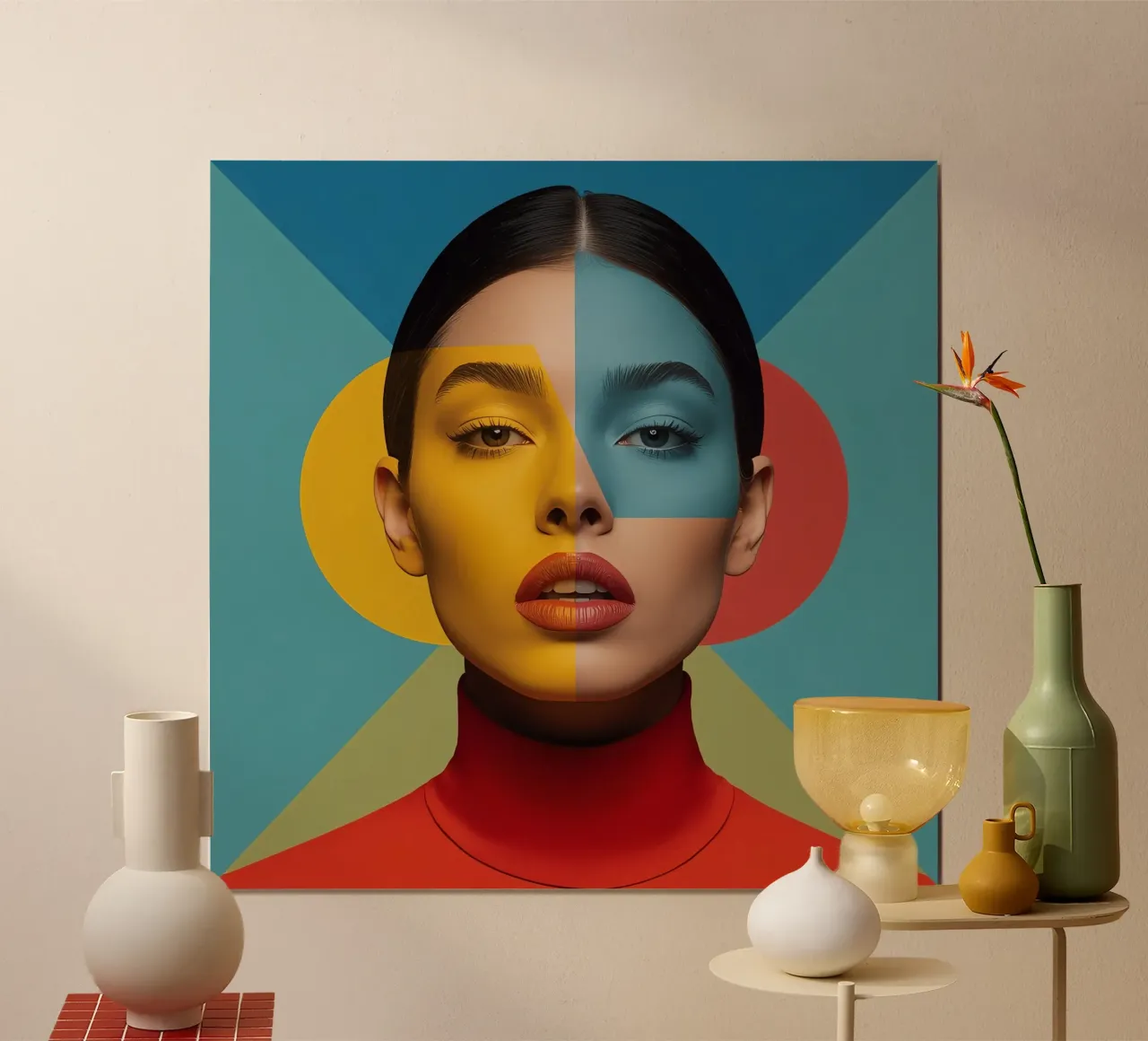 Woman's Portrait with Split Colored Face and Geometric art poster by DesignDoodle