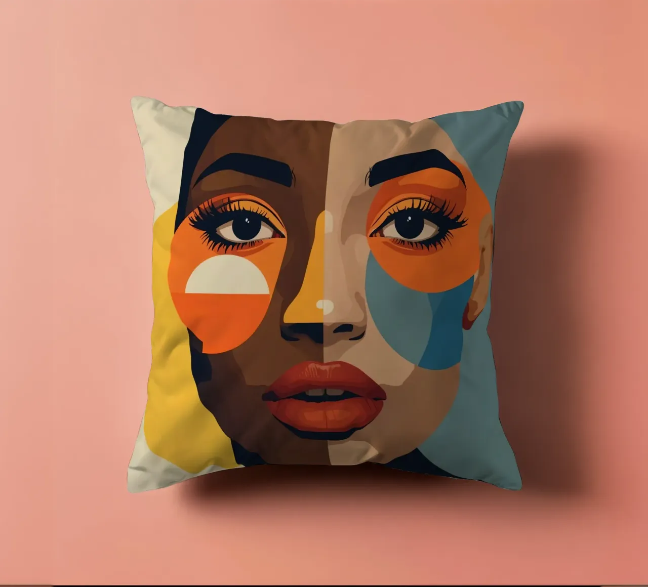 Ritratto di donna con pelle divisa e forme geometriche cuscino da DesignDoodle