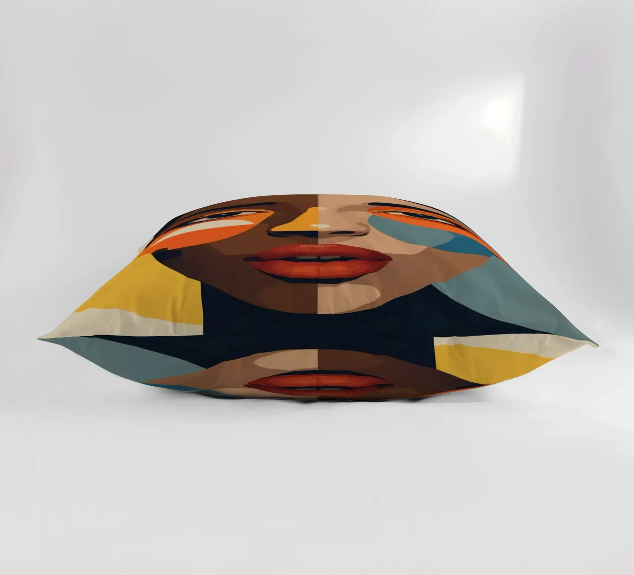 Ritratto di donna con pelle divisa e forme geometriche cuscino da DesignDoodle