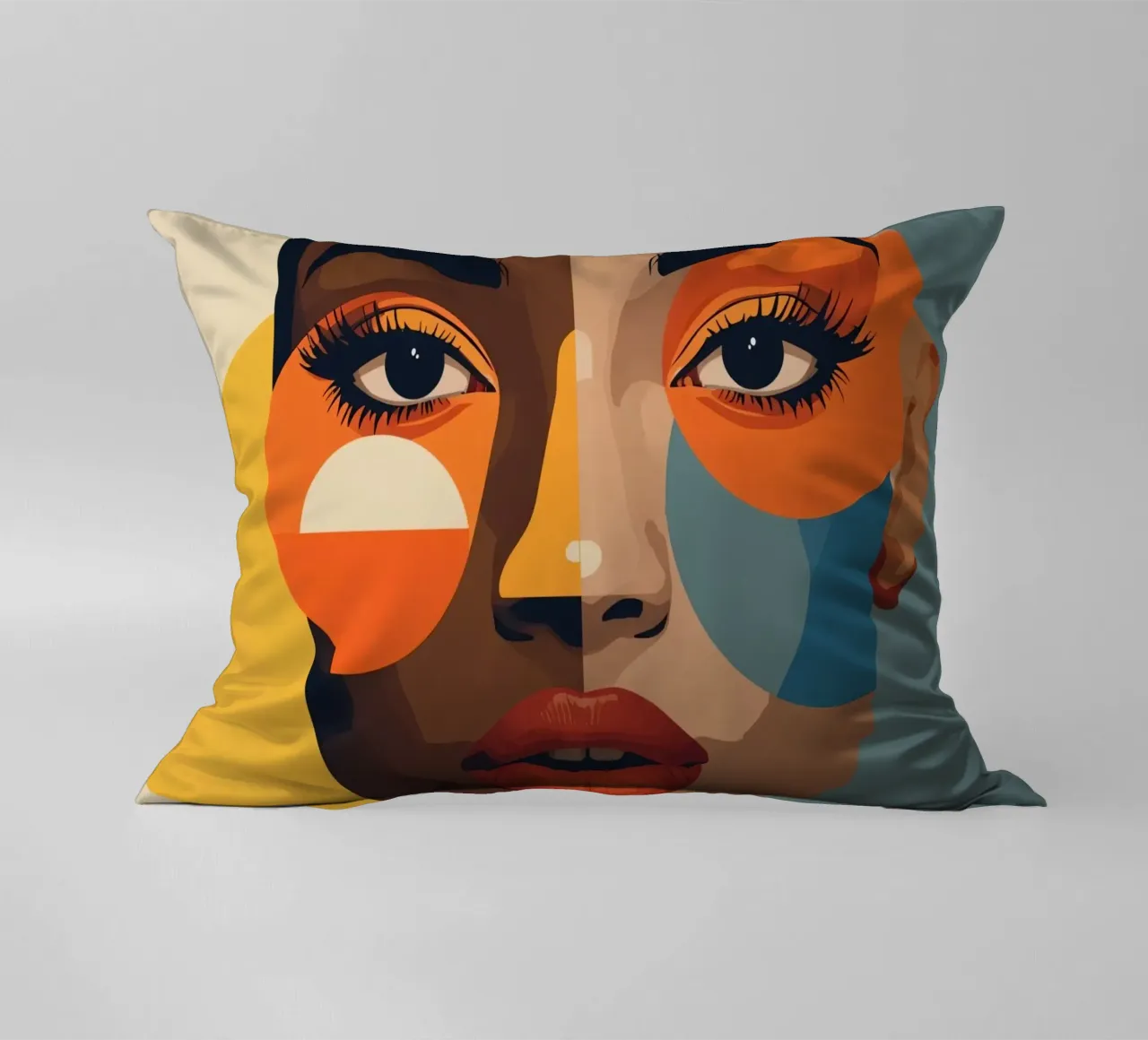 Ritratto di donna con pelle divisa e forme geometriche cuscino da DesignDoodle