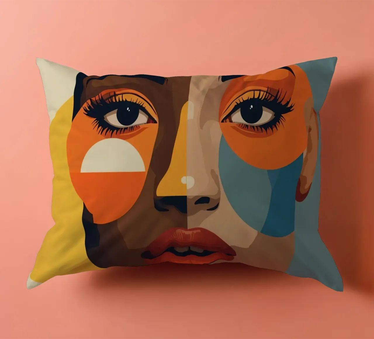 Ritratto di donna con pelle divisa e forme geometriche cuscino da DesignDoodle