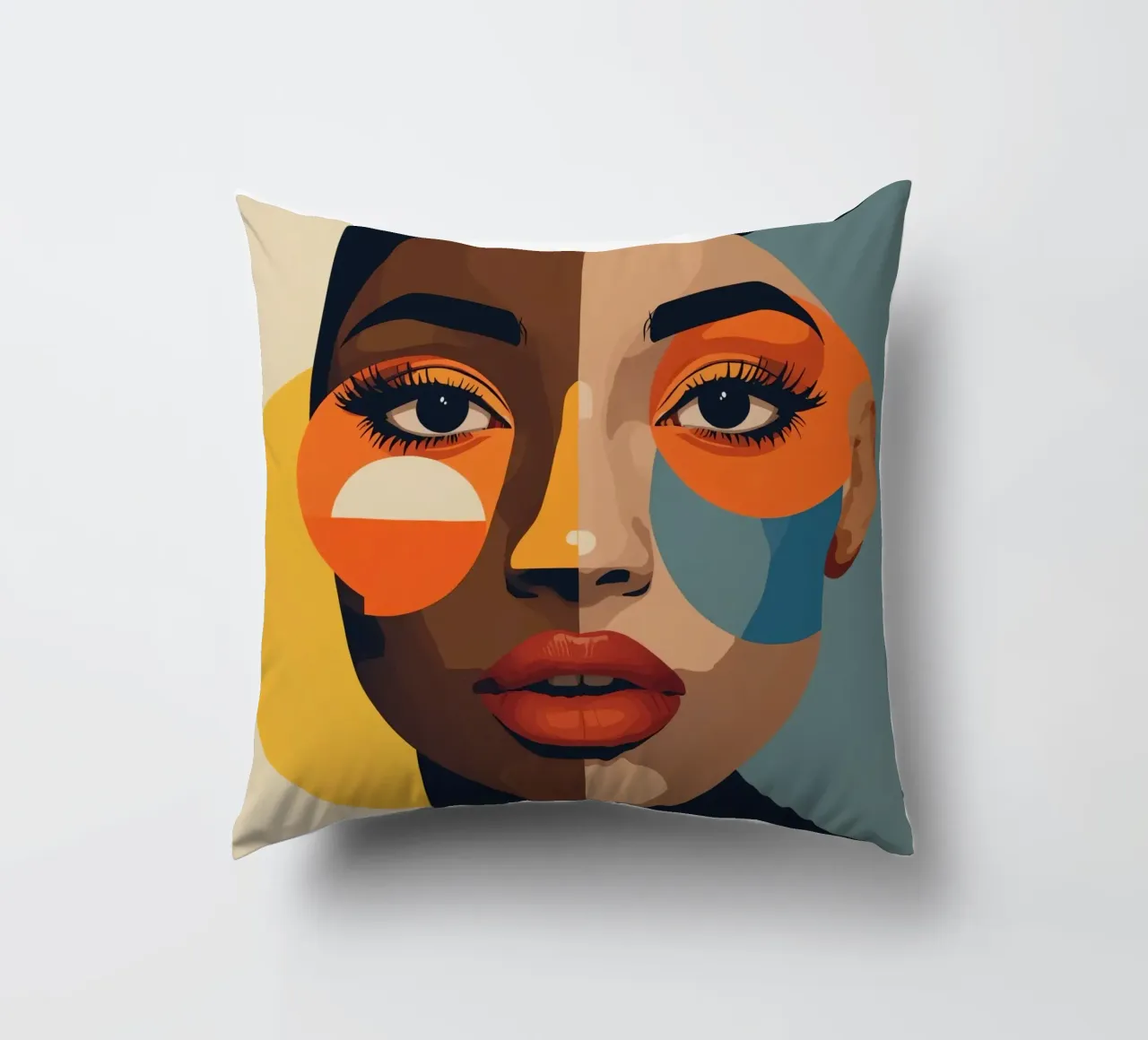 Ritratto di donna con pelle divisa e forme geometriche cuscino da DesignDoodle