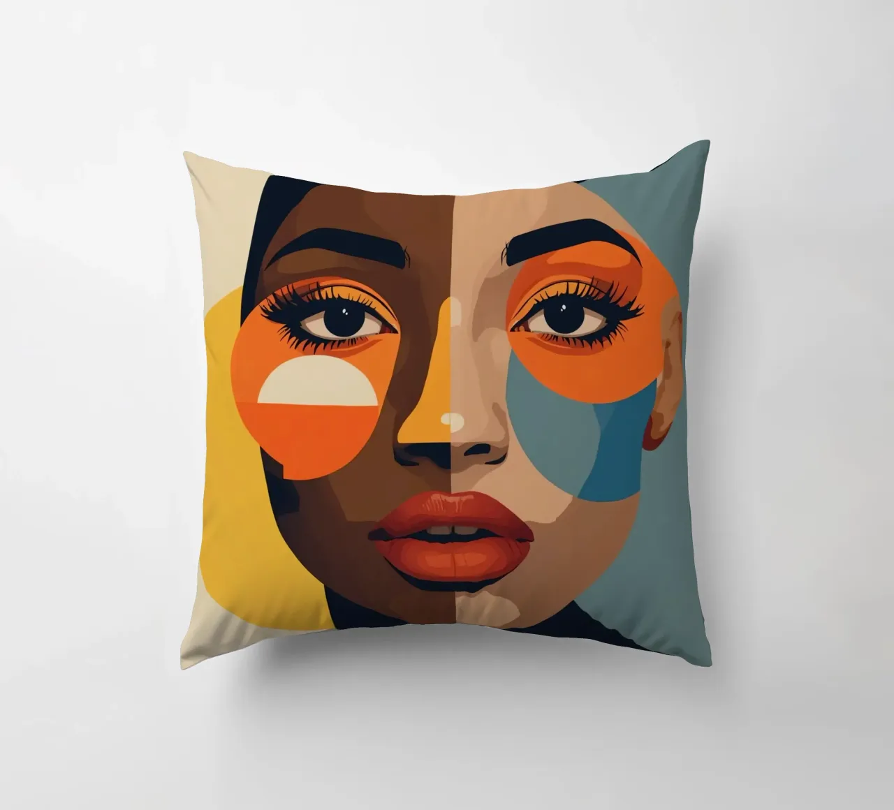 Ritratto di donna con pelle divisa e forme geometriche cuscino da DesignDoodle
