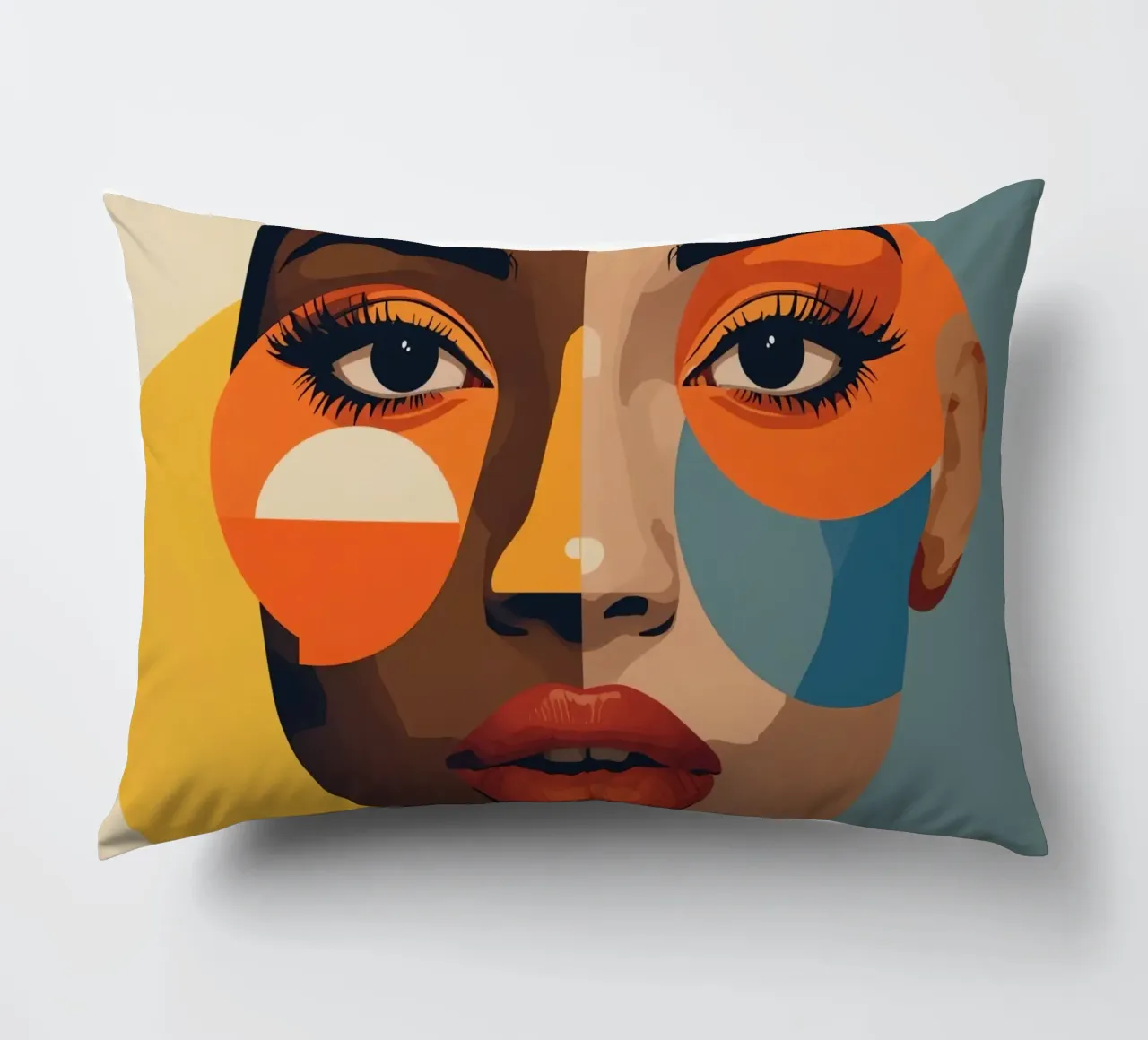 Ritratto di donna con pelle divisa e forme geometriche cuscino da DesignDoodle