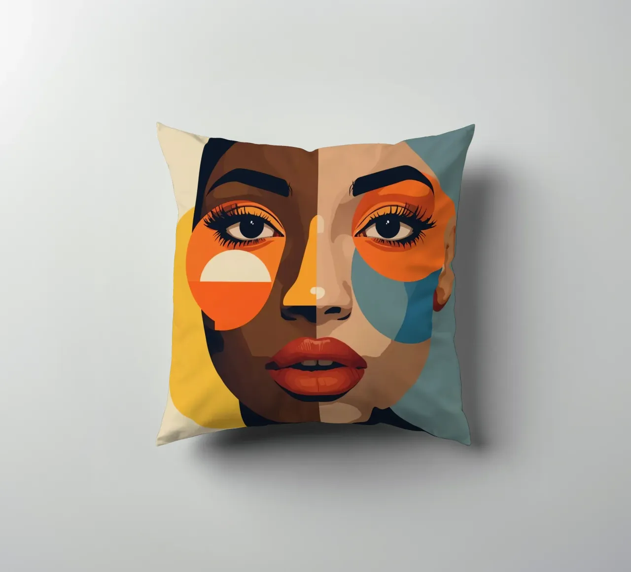 Ritratto di donna con pelle divisa e forme geometriche cuscino da DesignDoodle