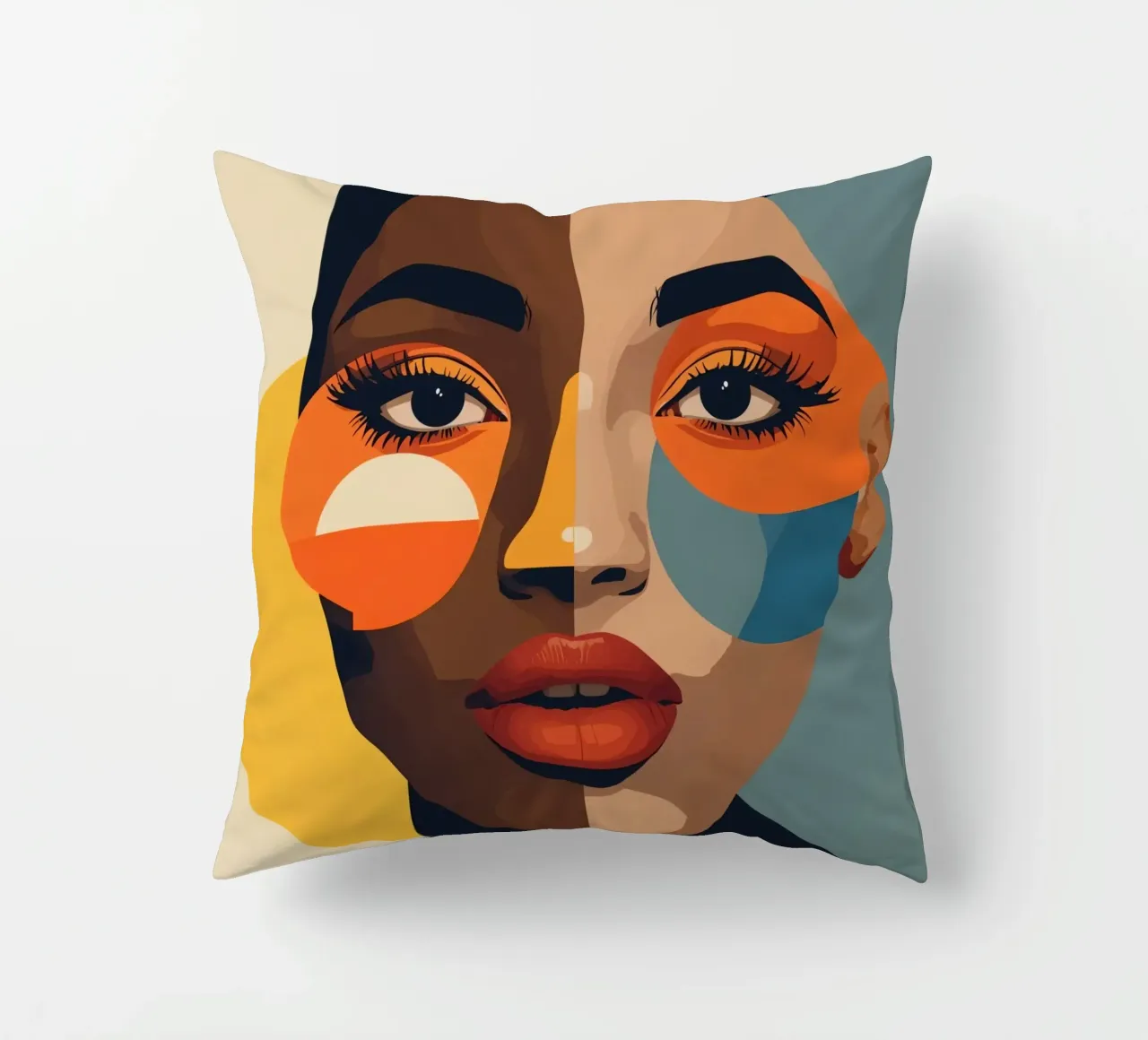 Ritratto di donna con pelle divisa e forme geometriche cuscino da DesignDoodle