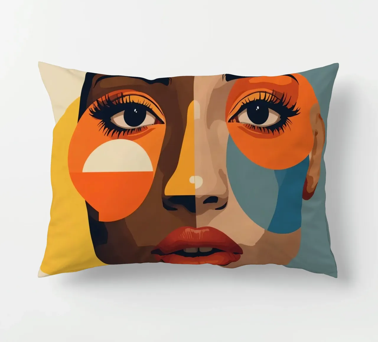 Ritratto di donna con pelle divisa e forme geometriche cuscino da DesignDoodle