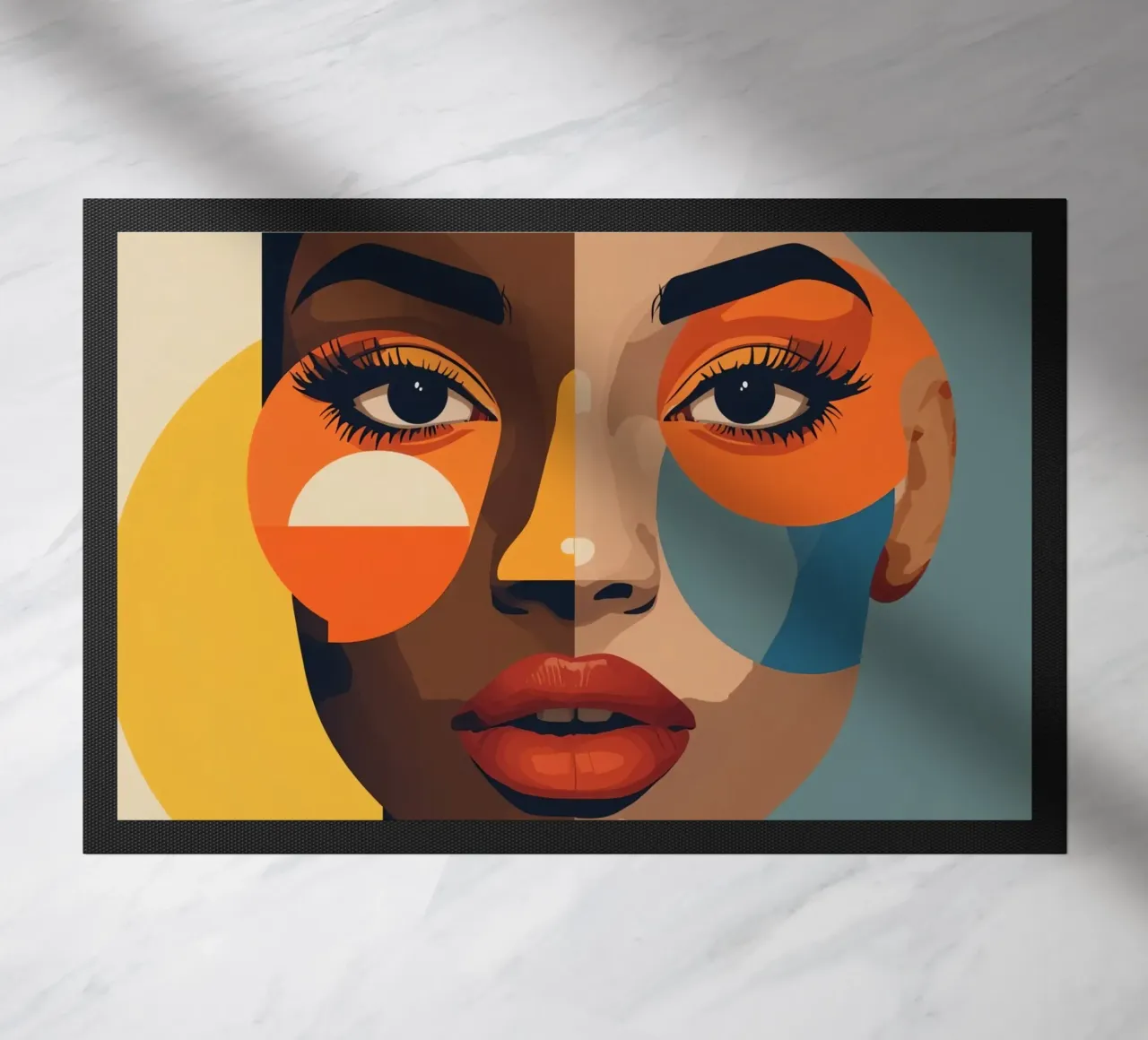 Ritratto di donna con pelle divisa e forme geometriche zerbino da DesignDoodle