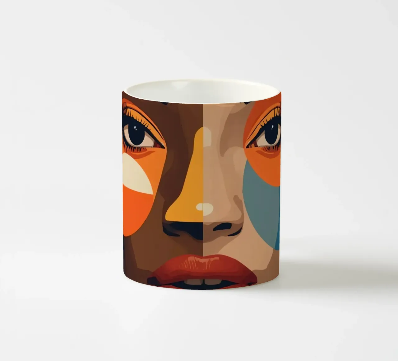 Woman's Portrait with Split Skin Tone and Geometric Shapes ceramic mug by DesignDoodle